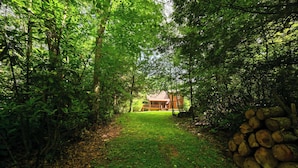 A pathway leading to a wooden cabin surrounded by dense forest. - Charming 4BR Cabin - HOT TUB - Mountain View (Oakland)