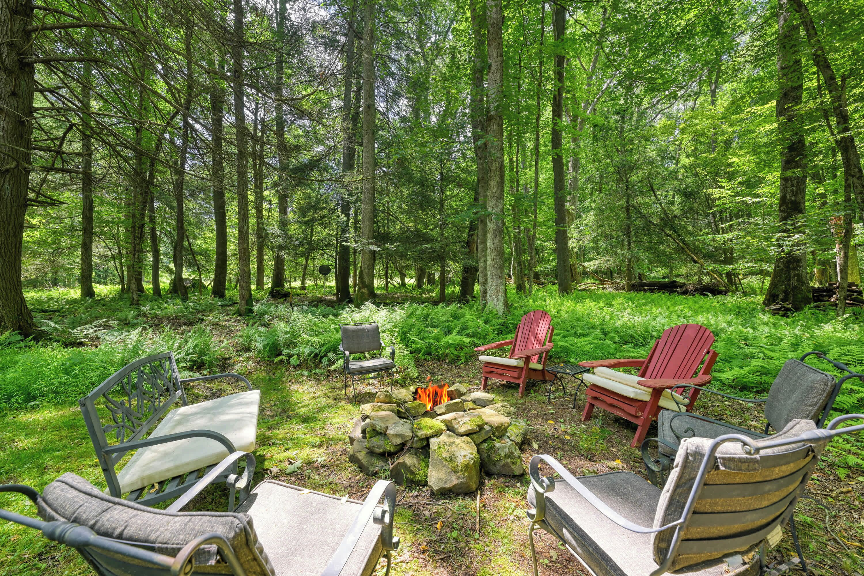 A forested area with a fire pit, several Adirondack chairs, and a bench.