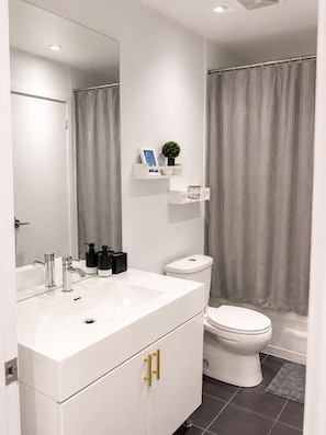 Hair dryer, towels, soap, toilet paper