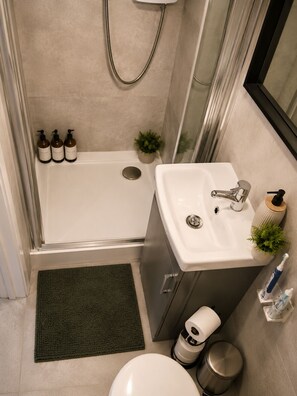 Dusche, Haartrockner, Handtücher, Seife