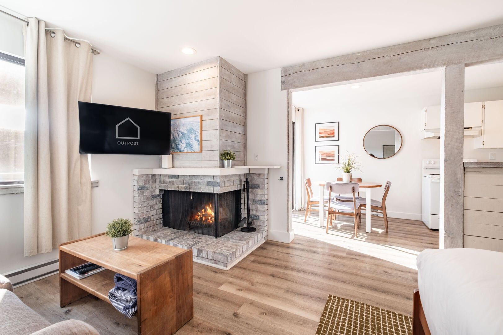 Living area: Queen sofa bed, wood-burning fireplace