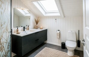 Een moderne badkamer met dakraam, een donker aanrichtmeubel, een wit toilet en een beige vloerkleed.