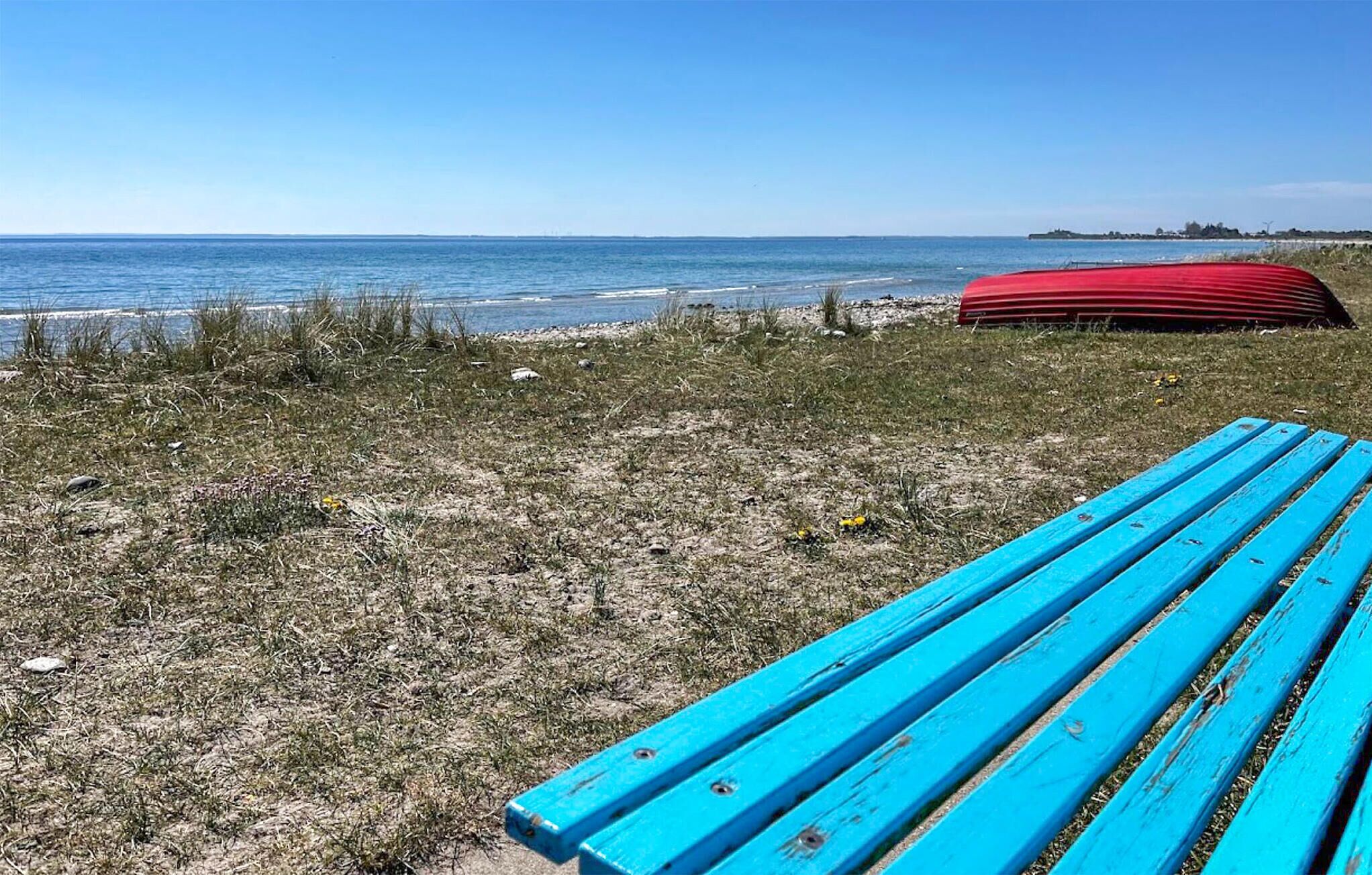 A blue bench and a red boat on a grassy beach with the ocean in the background.