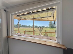 Ein Fenster mit einem hölzernen Sims und Blick auf ein grünes Feld.