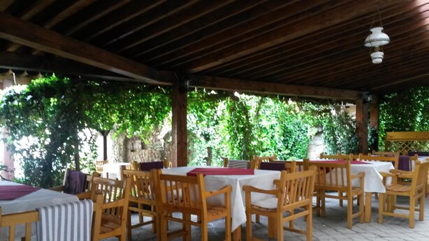 An outdoor patio with wooden tables and chairs, covered by a wooden roof, surrounded by greenery. - Sighisoara Hotel (Sighisoara)