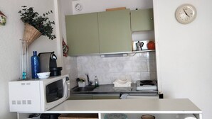 Une cuisine compacte équipée d’un four à micro-ondes, d’un évier et de meubles de couleur verte.