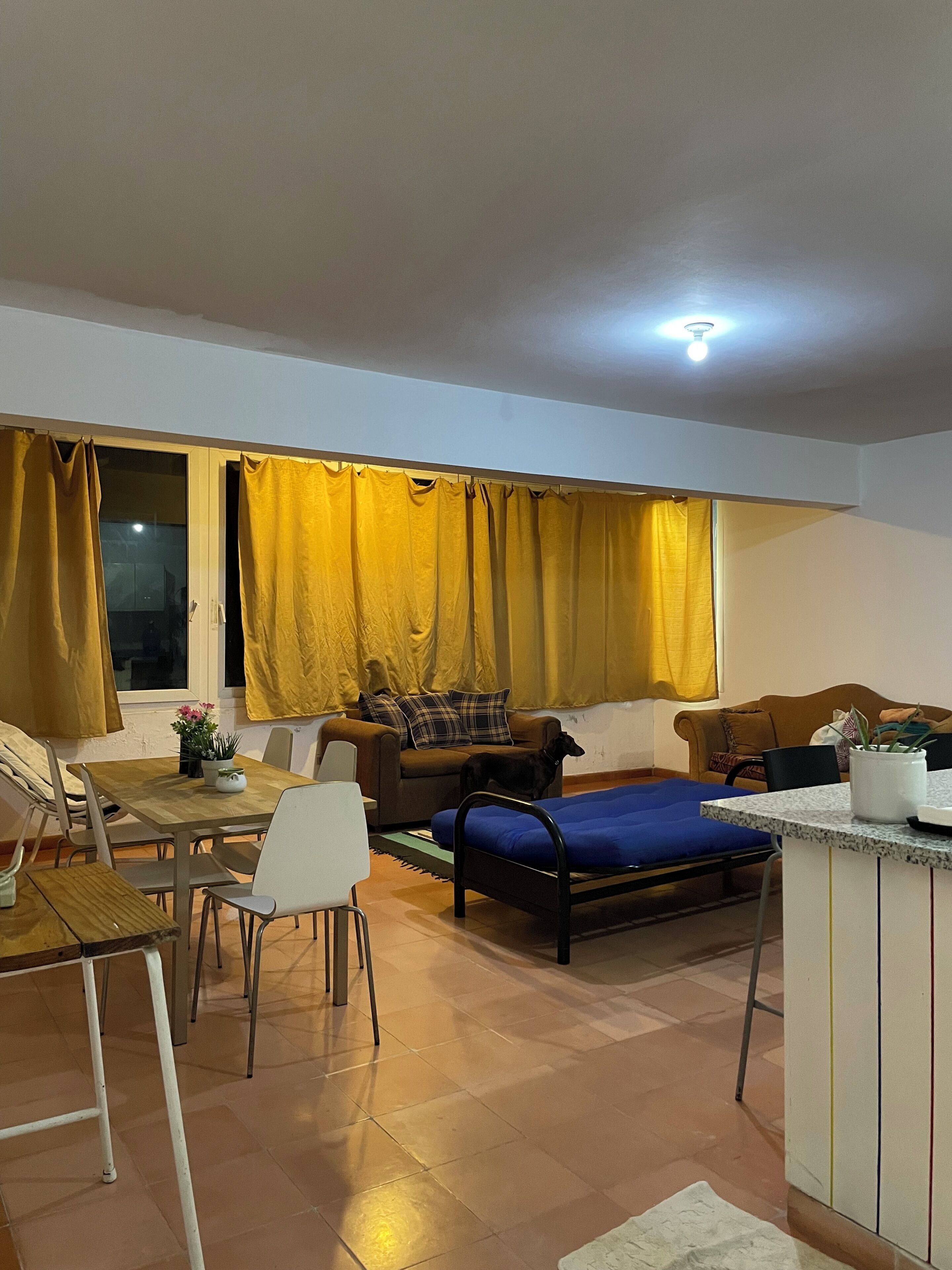 Una sala de estar con un sofá, una mesa de comedor con sillas, una cama y un ventanal con cortinas.