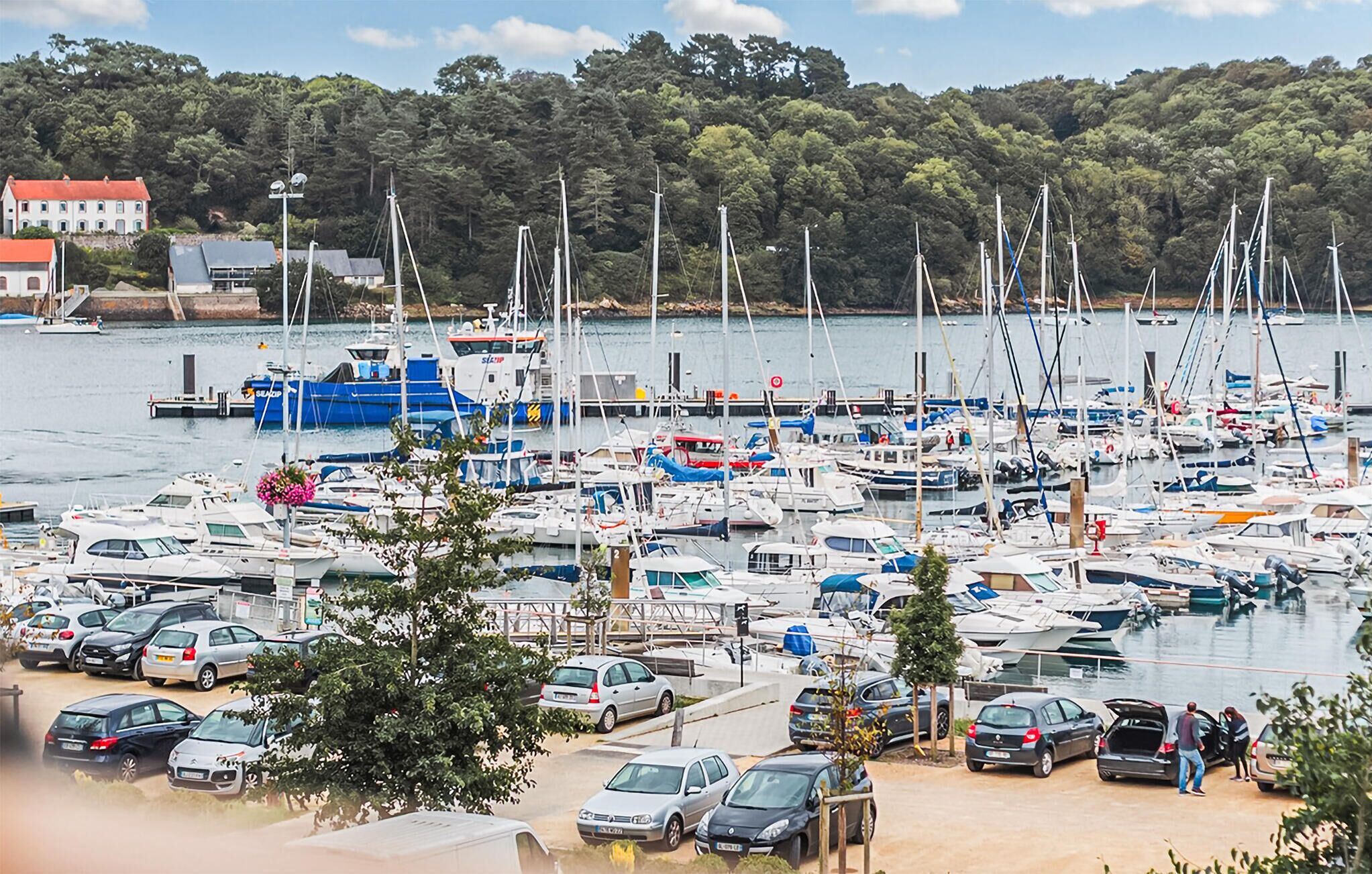 Un port de plaisance où de nombreux bateaux sont amarrés, un parking rempli de voitures, et en arrière-plan, des arbres et des bâtiments.