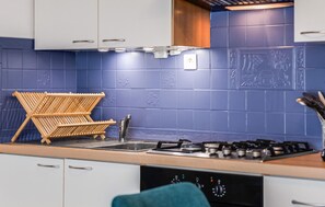 A kitchen with blue tiles, a stove, and a drying rack. - 1 bedroom lovely apartment in Lezardrieux (Lezardrieux)