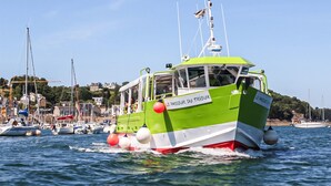Um barco verde e branco chamado 'Le Passeur du Trieux' na água, com outros barcos e uma cidade costeira ao fundo.