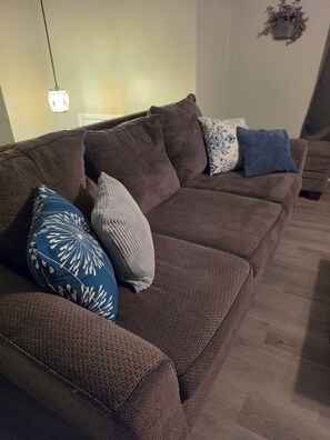 A brown sofa with multiple cushions, a wall-mounted plant, and a wooden floor. - Charming 3 bedroom house in St Robert. Only 3 minutes from the main gate of FLW. (Saint Robert)