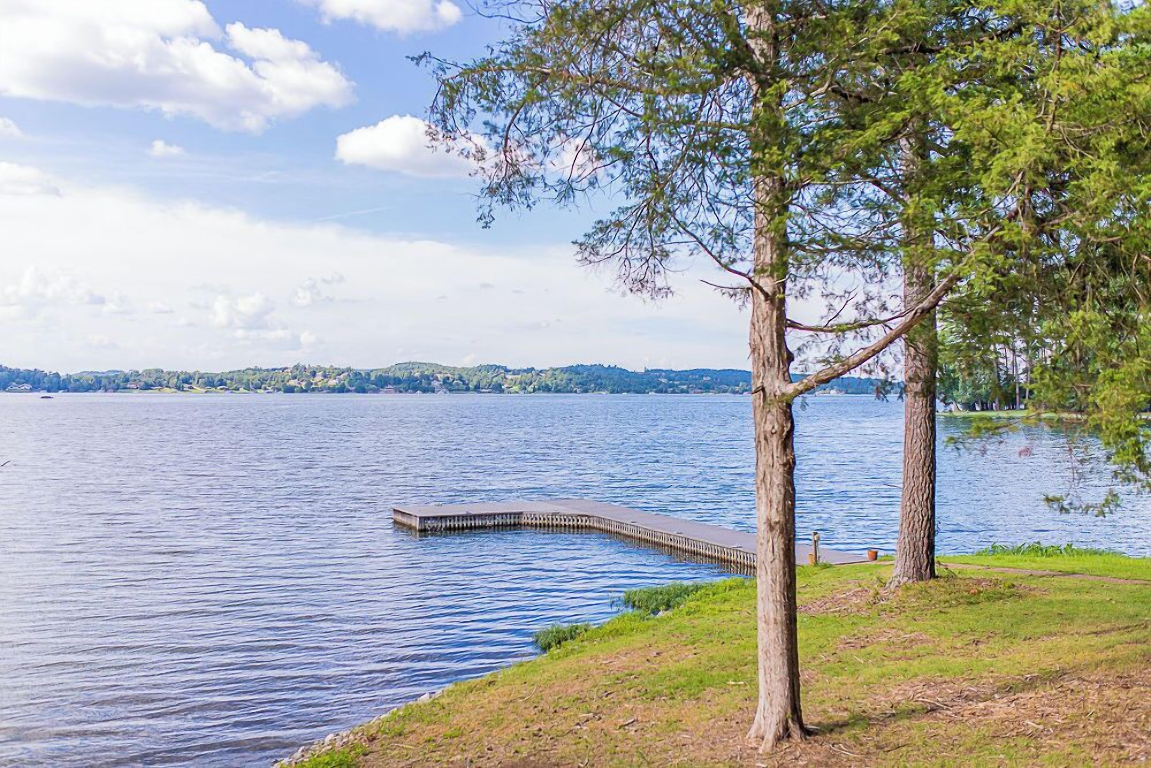 A lakeside view with a dock extending into the water, surrounded by trees and grassy areas.