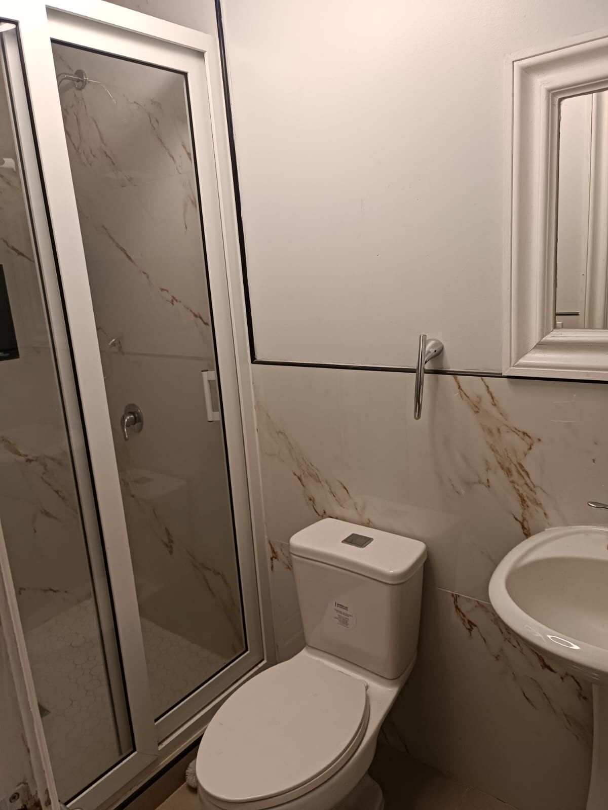 A bathroom with a toilet, a sink, and a glass-enclosed shower.