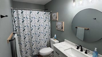 Secador de cabelo, toalhas de banho, sabonete, papel higiênico