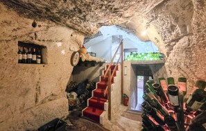 An underground wine cellar with stone walls, a red carpeted staircase, and wine bottles arranged on shelves. - 1 bedroom pet friendly home in Bourre (Bourre)