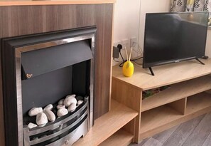 A modern living room with a fireplace, a flat-screen TV, and a wooden entertainment unit.