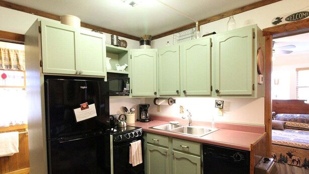 A compact kitchen with a black refrigerator, a stove, a sink, and light green cabinets. - Creekside Treehouse- Creekside Cabin (Bryson City)