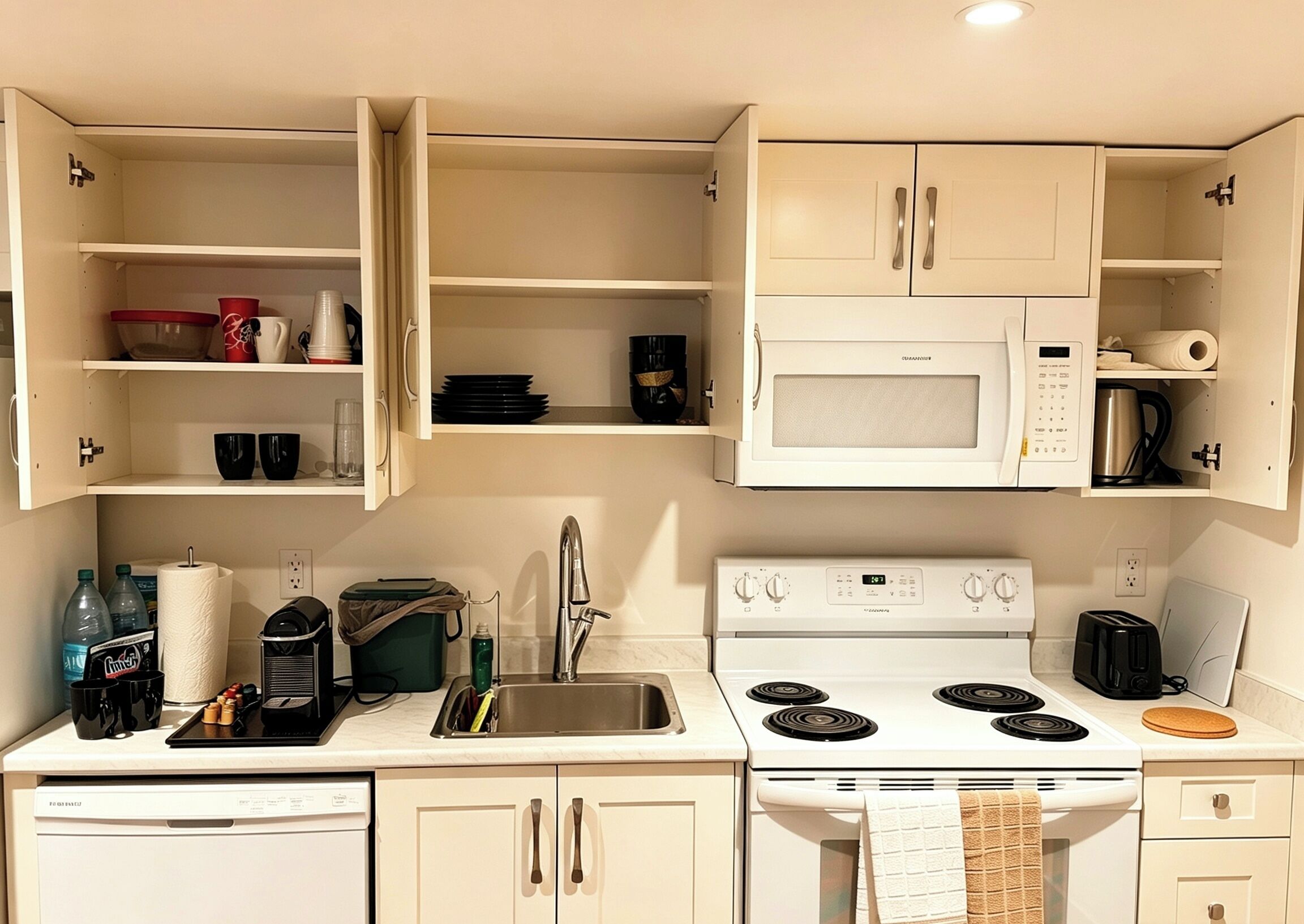 A compact kitchenette with a microwave, stove, sink, and a dish drying rack.