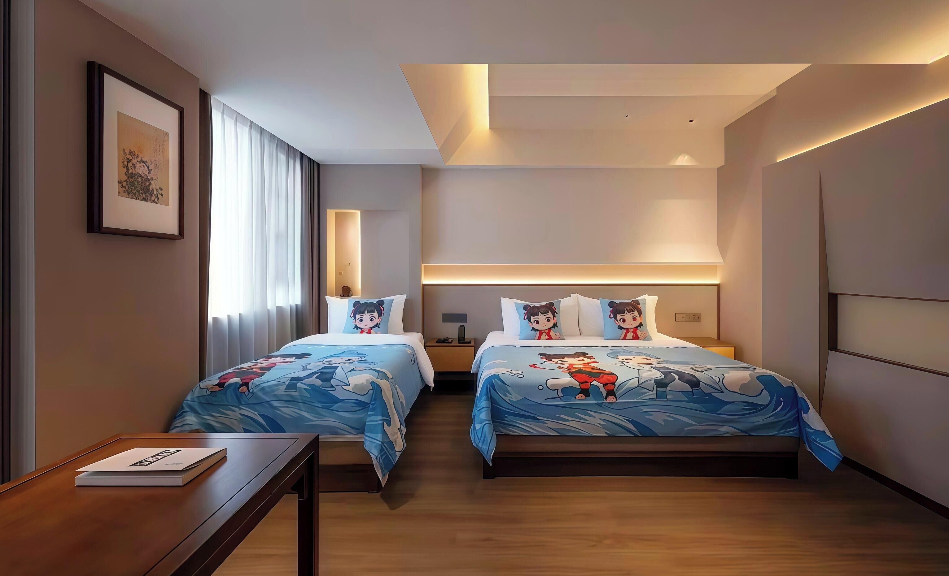 A hotel room with two beds, a bedside table, a nightstand, and a framed picture on the wall.