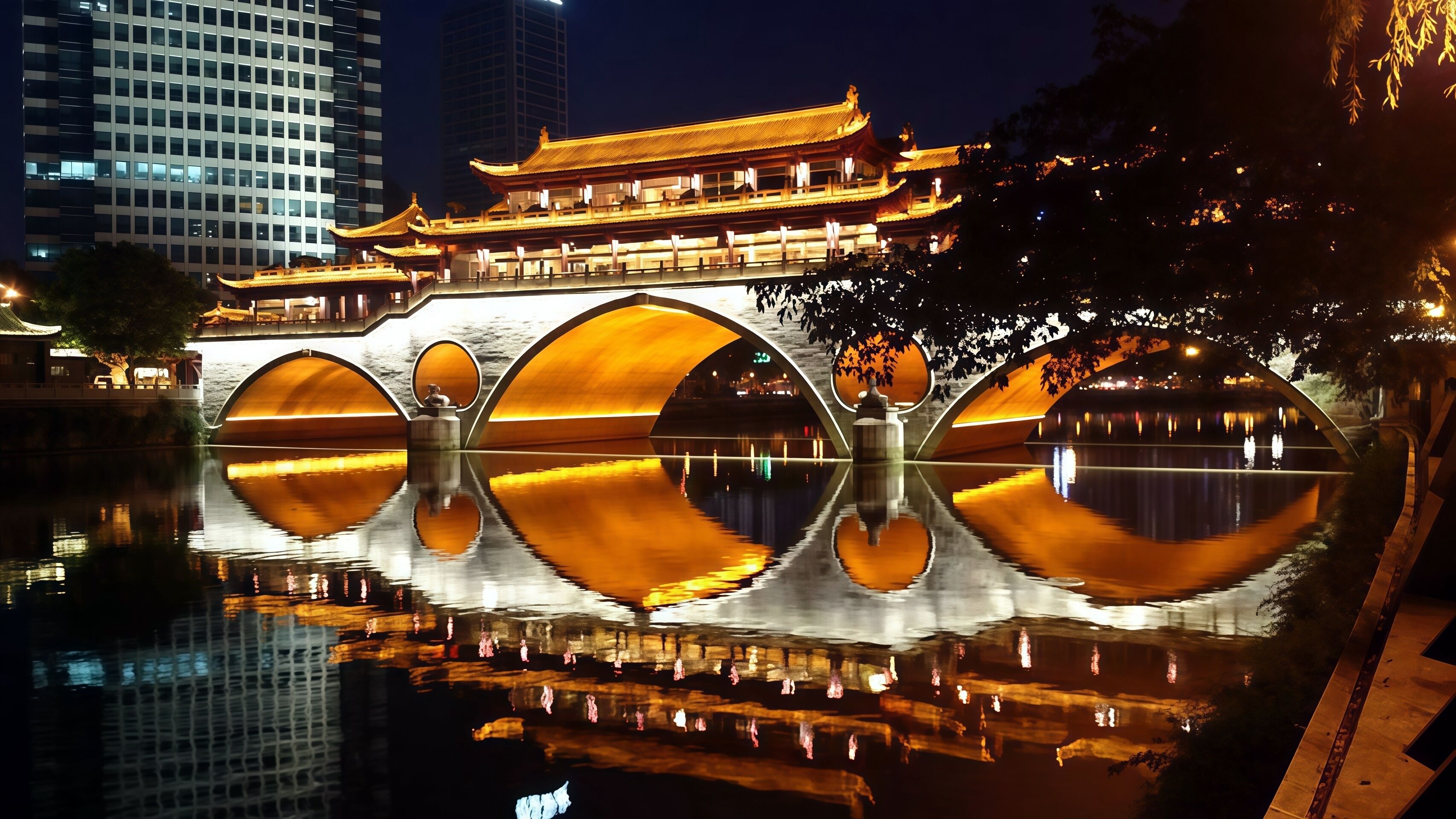 A traditional building with a reflection in a body of water, surrounded by modern high-rise buildings.