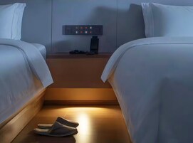 Habitación de hotel con dos camas, una mesita de noche con toma de corriente y un par de zapatillas en el suelo.