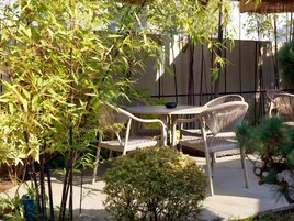 Un área de estar al aire libre con sillas de mimbre y una mesa, rodeada de plantas de bambú y un arbusto pequeño.