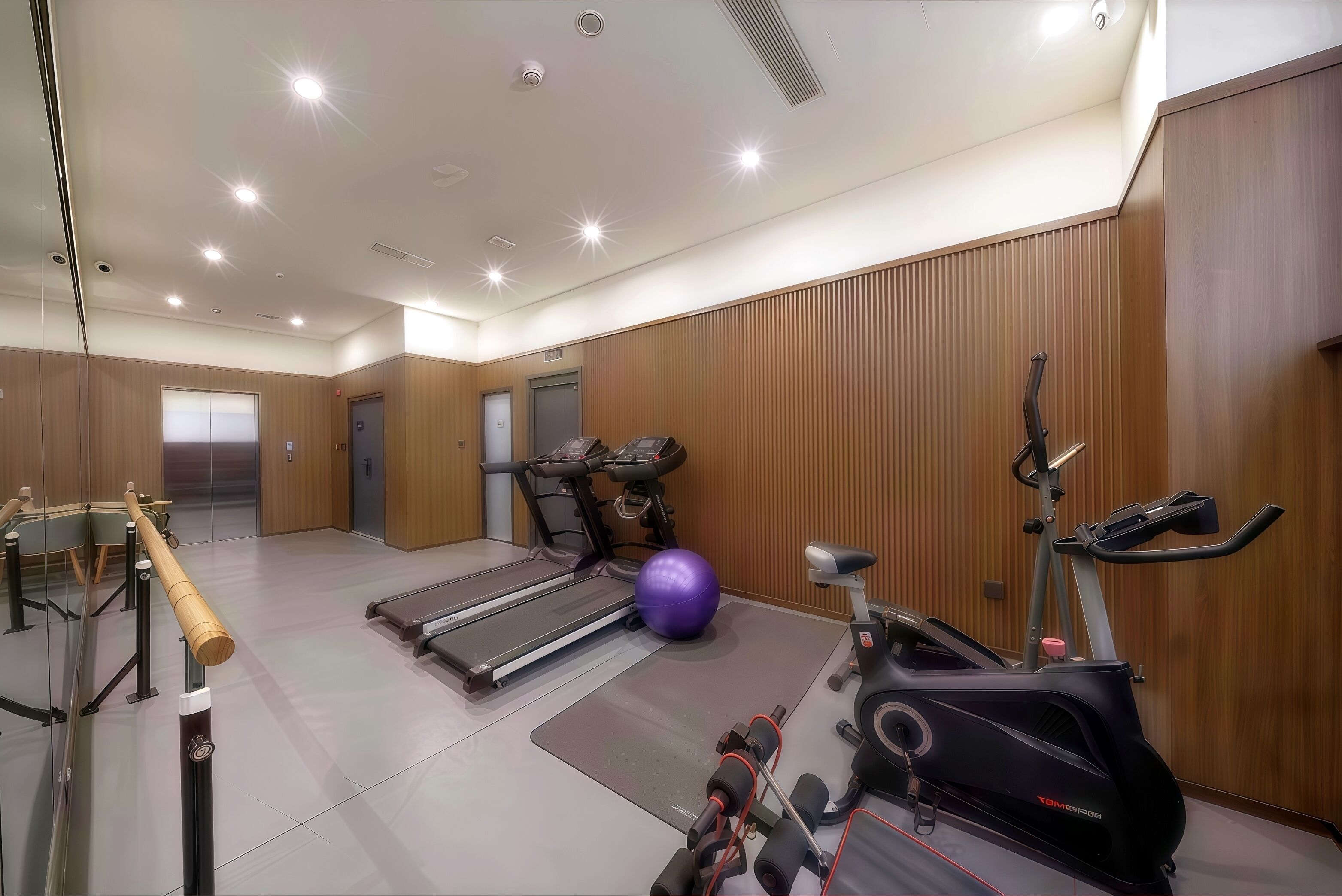 Un gimnasio con cintas de correr, elíptica, bicicleta estática y pelota de yoga.