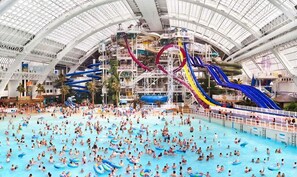 Een overdekt waterpark met diverse glijbanen en een groot zwembad.