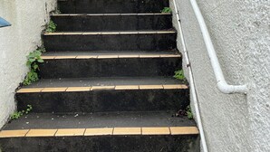 Un escalier extérieur menant à un bâtiment dont la façade est revêtue d’un matériau texturé et qui est agrémenté d’une rampe en métal.