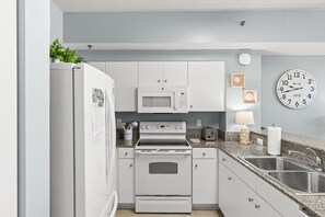 A modern kitchen with white cabinetry, a built-in microwave, a stove, and a sink.