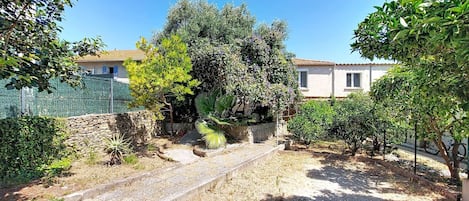 Un patio con muro de piedra, una escalera y diversa vegetación de árboles y arbustos.