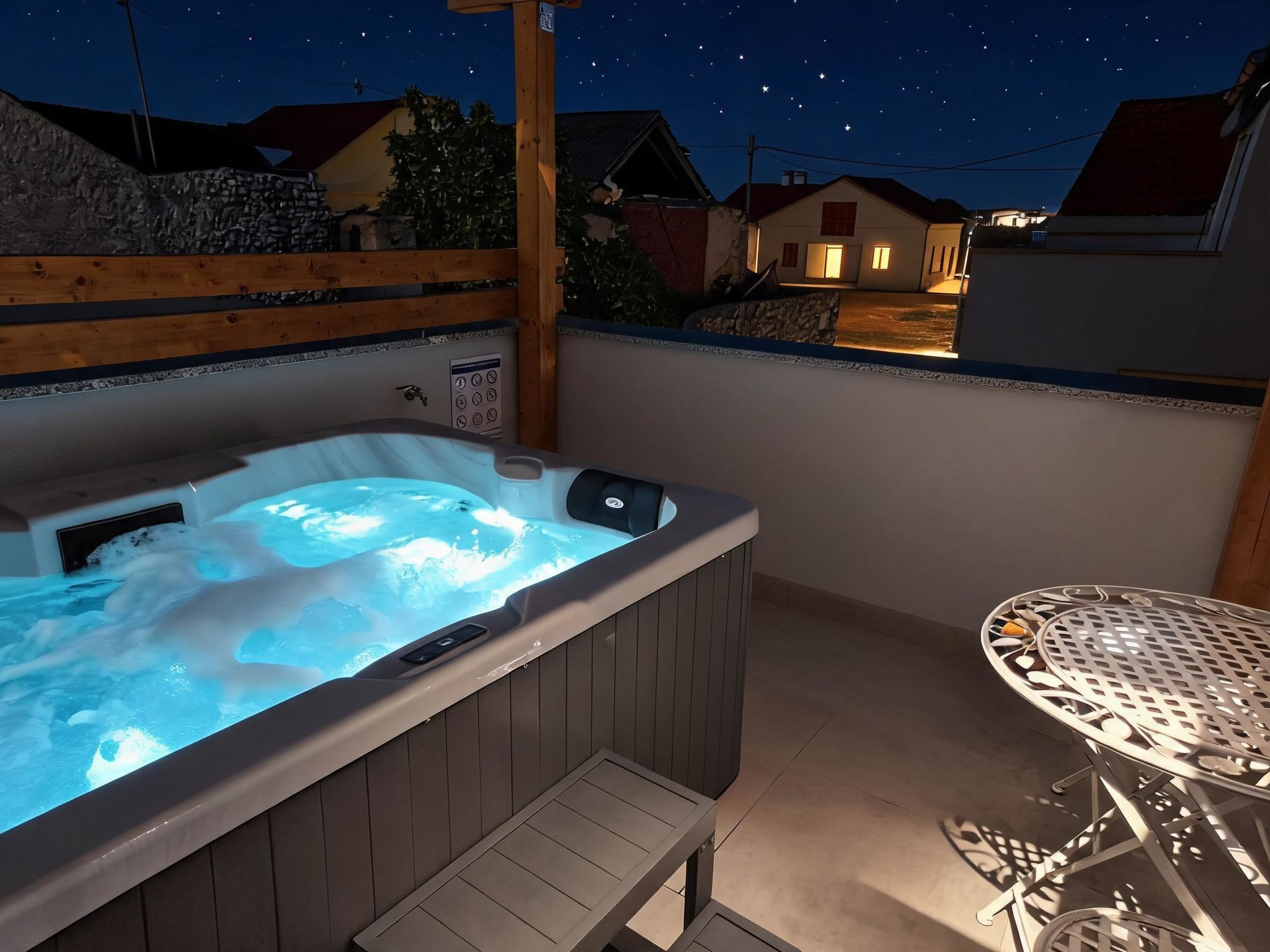 Un jacuzzi con terraza de madera, una mesa de metal y un cielo nocturno estrellado.