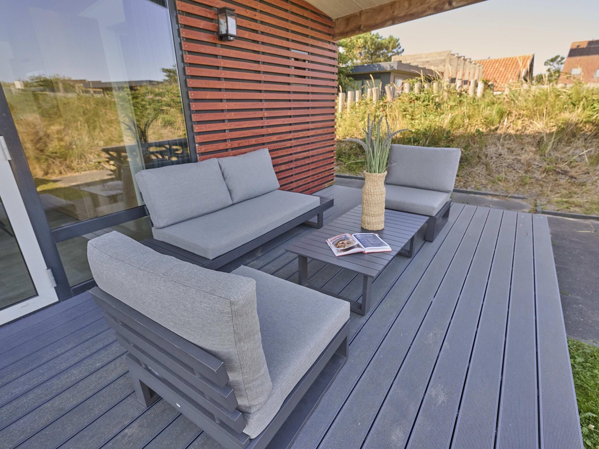 A deck with a sofa and a table, a potted plant, and a magazine.