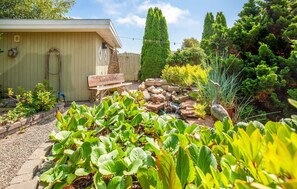 Un jardí amb una cadira de fusta, una paret de pedra i diferents plantes.
