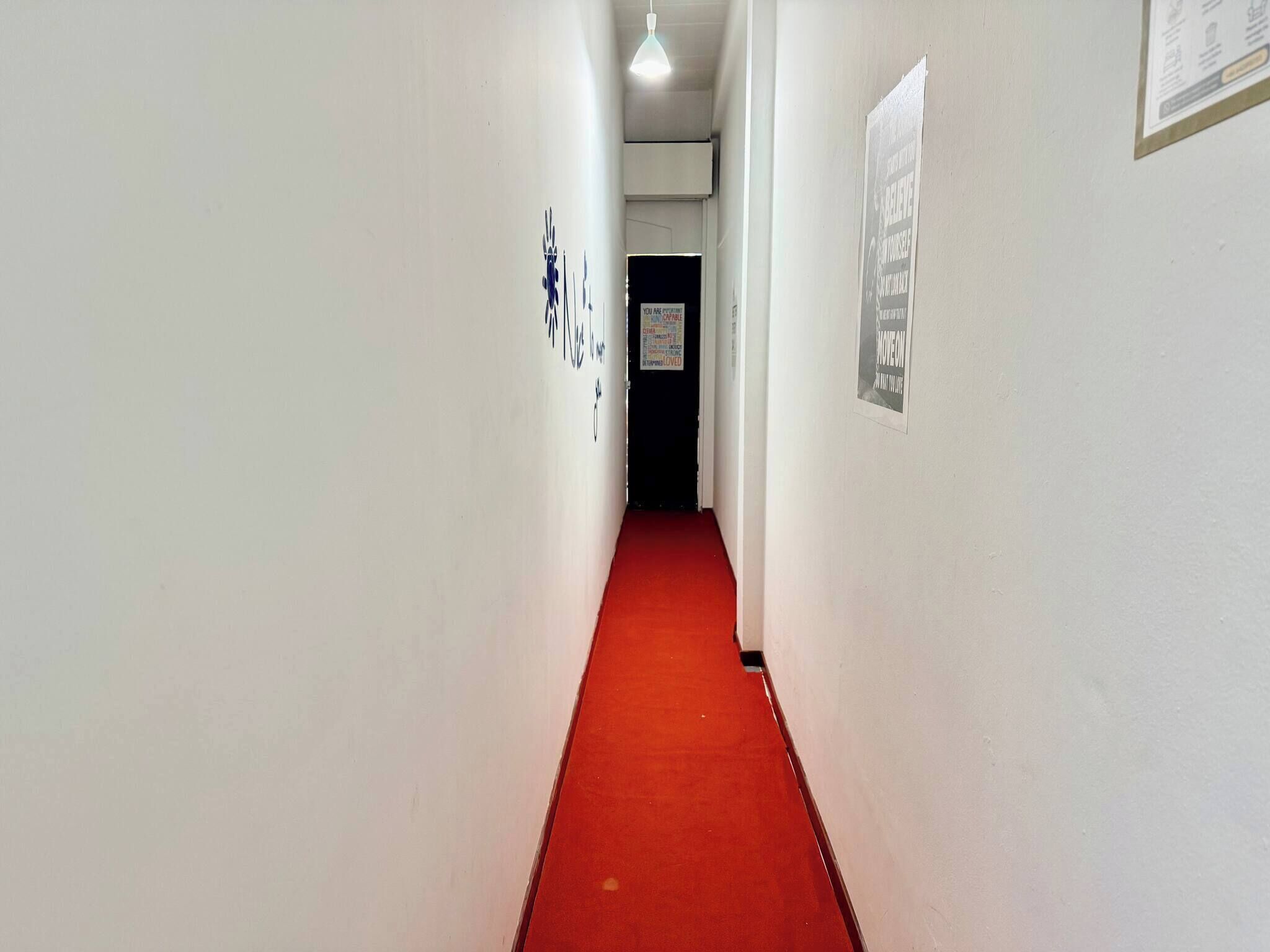 A corridor with white walls, a red carpet, and a door at the end.