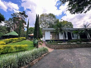 A residential area with a house, a paved driveway, and a well-maintained garden with various plants and a small palm tree. - Private Poblado Tropical Estate 10BR Pool 18Person Jacuzzi Walk to GoldenMile AC (Medellín)