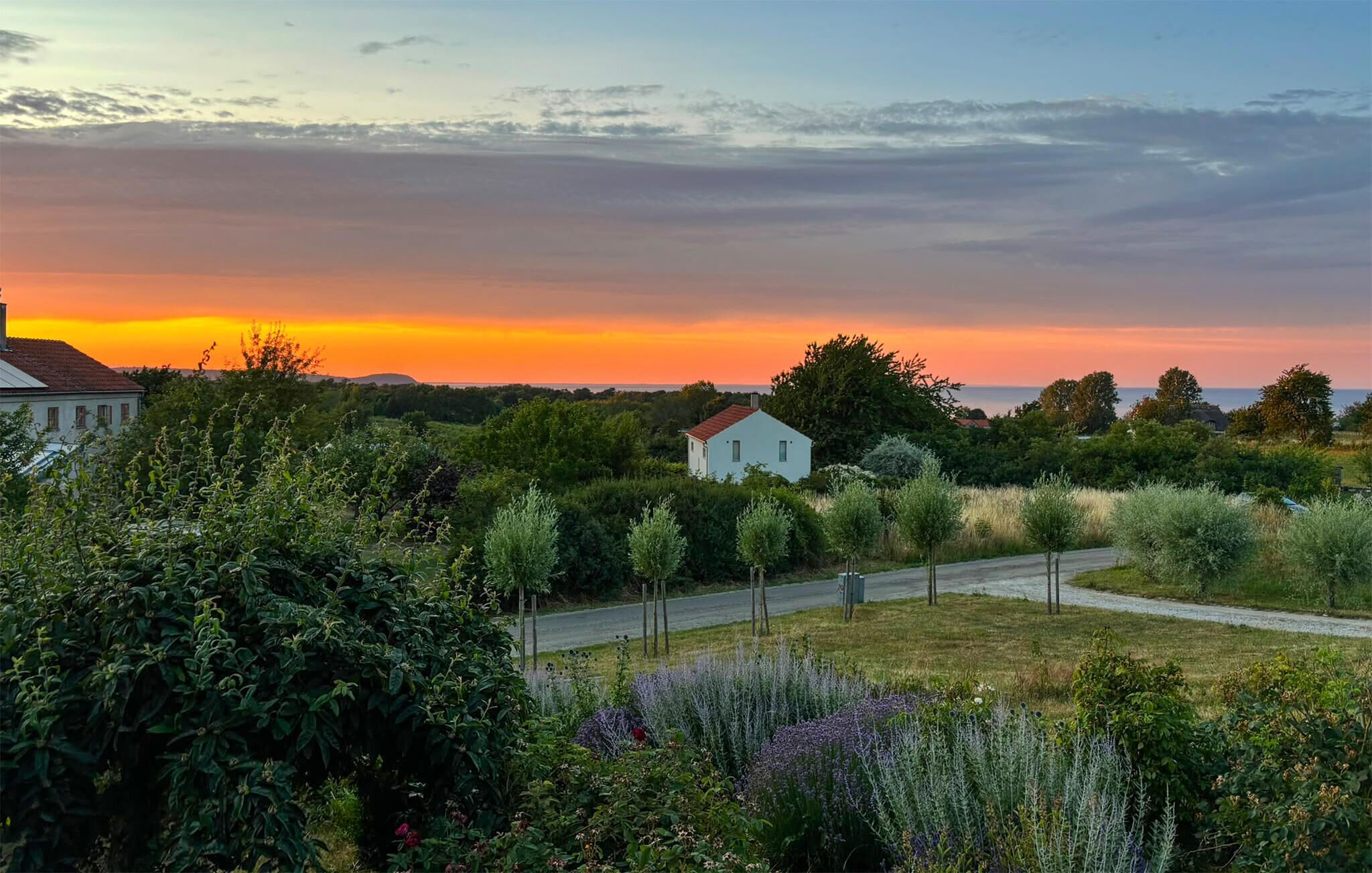A rural landscape with a road, a white house, and a sunset.