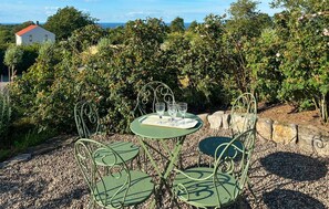 A table with four chairs, a tray with glasses, and a vineyard in the background. - 5 bedroom luxurious home in Simrishamn (Simrishamn)