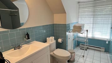 Hair dryer, towels, soap, toilet paper
