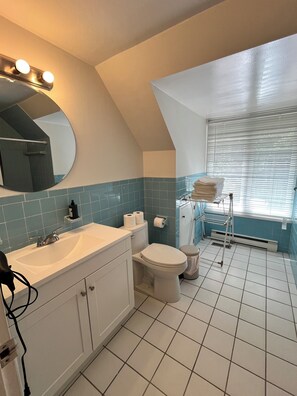 Hair dryer, towels, soap, toilet paper
