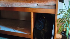 A loft-style room with a bunk bed, a small shelf with a plant, and a poster on the wall. - A quaint, historic wooden house in the quiet mountain village of Daxstein am Brotjacklriegel (Zenting)