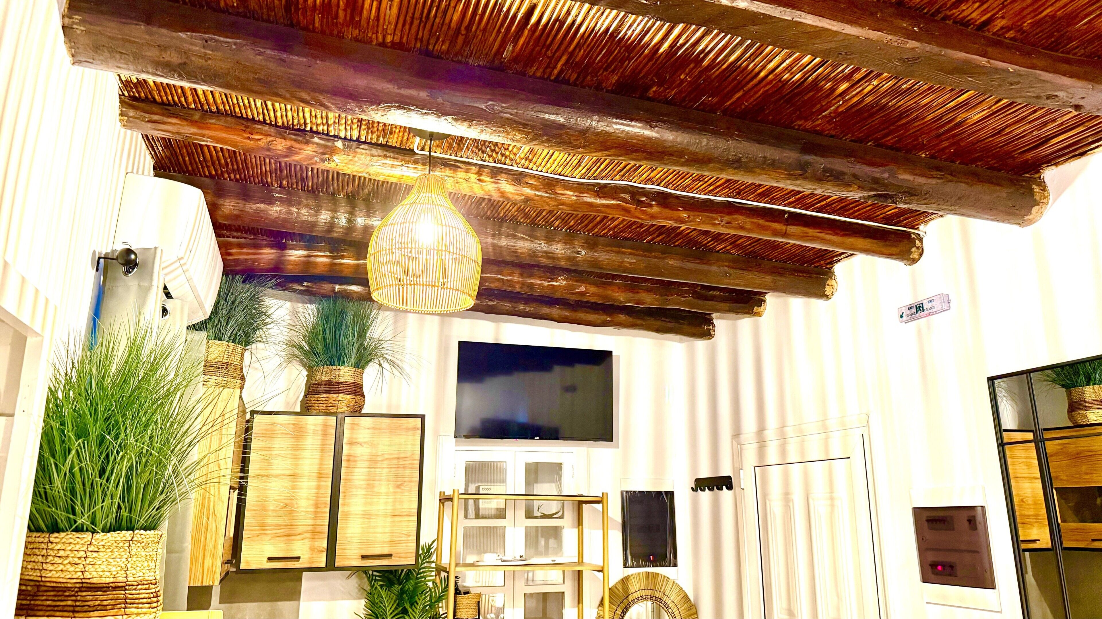 Una habitación con techo de madera, televisor y varios muebles, incluyendo una estantería y un armario.