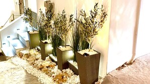 A staircase with a railing, surrounded by square planters with tall plants and white pebbles. - Naousaki Premium Studios 1 - Heart of Naousa, Paros (Naousa)