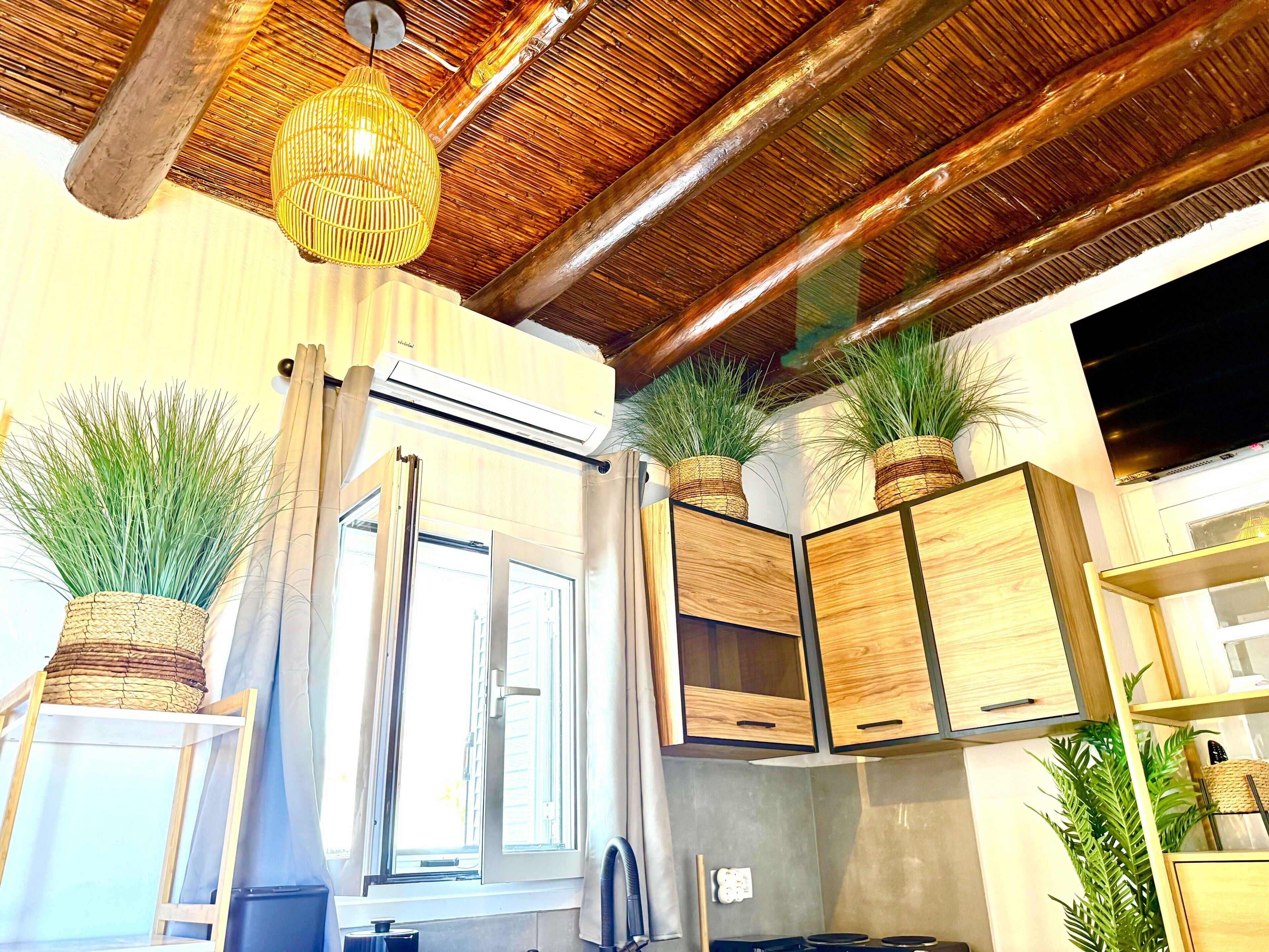 Una cucina con mobili in legno, un lampadario e piante in vaso.