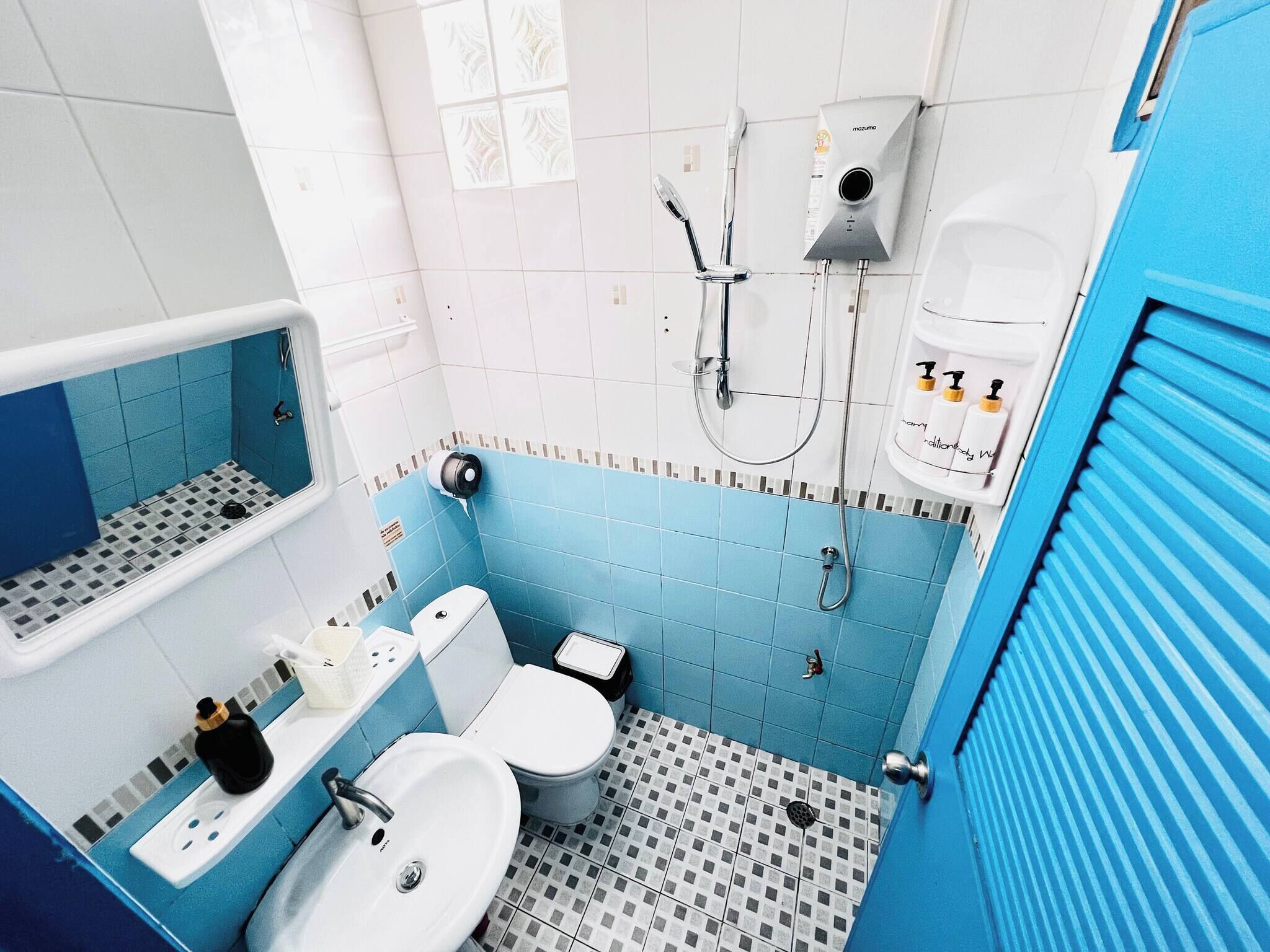Shower, hair dryer, towels