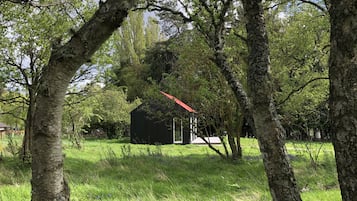A rural landscape with a barn, trees, and wildflowers.