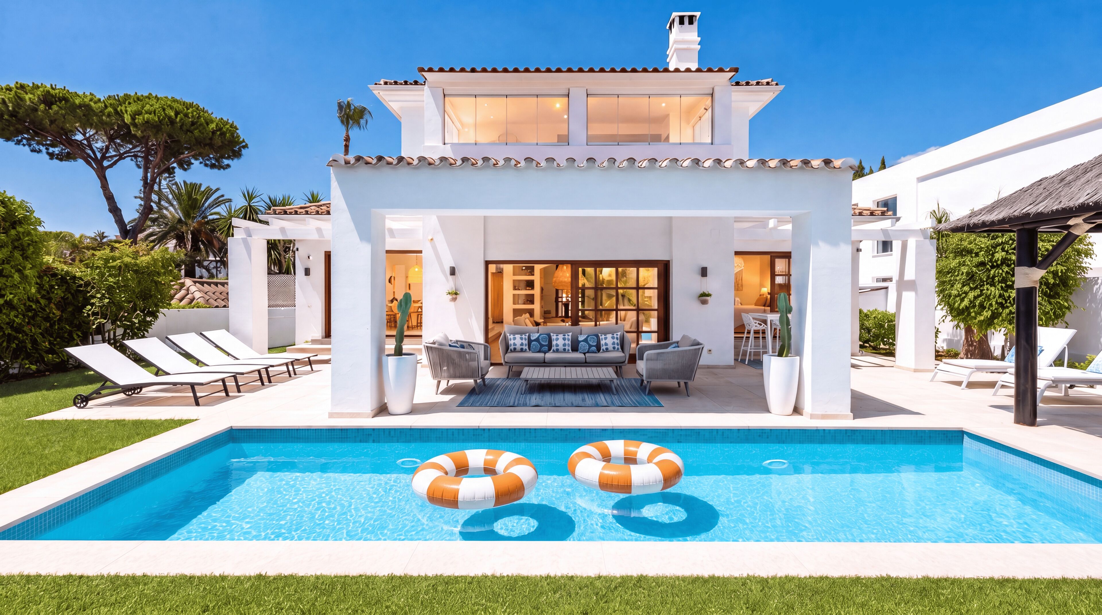 Una casa moderna con piscina, area salotto esterna e patio.