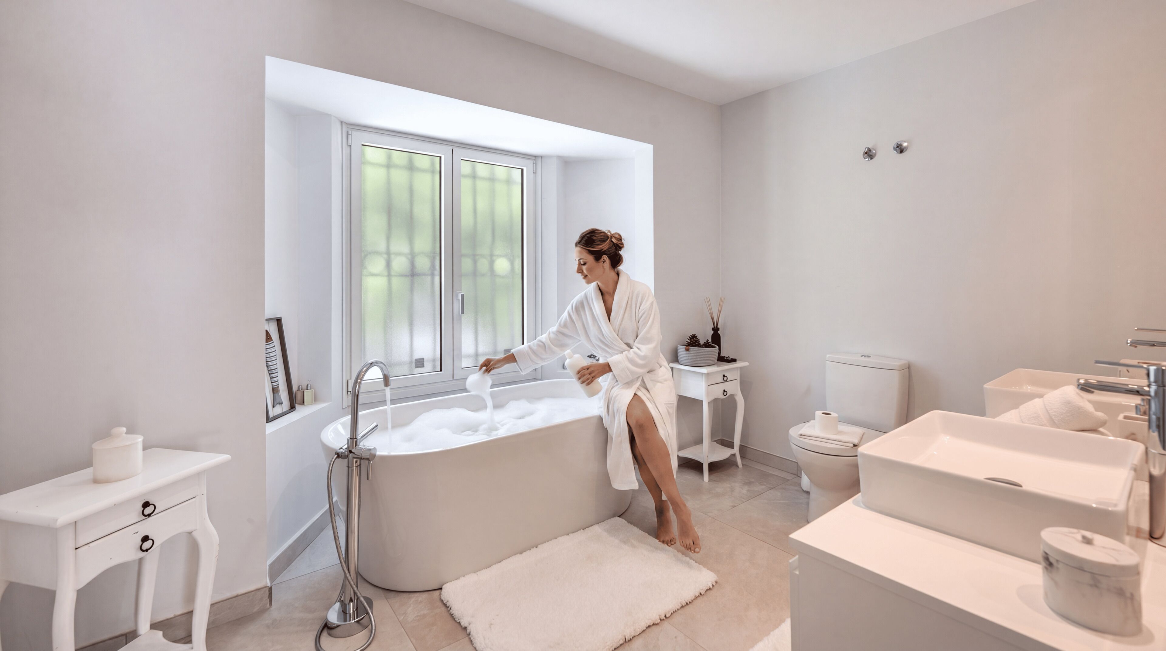 A modern bathroom with a freestanding bathtub, a toilet, and a sink.