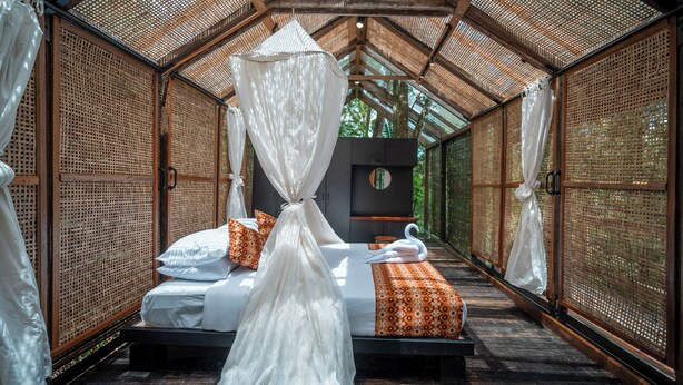 Una habitación con una cama, dosel y vistas a árboles a través del ventanal.