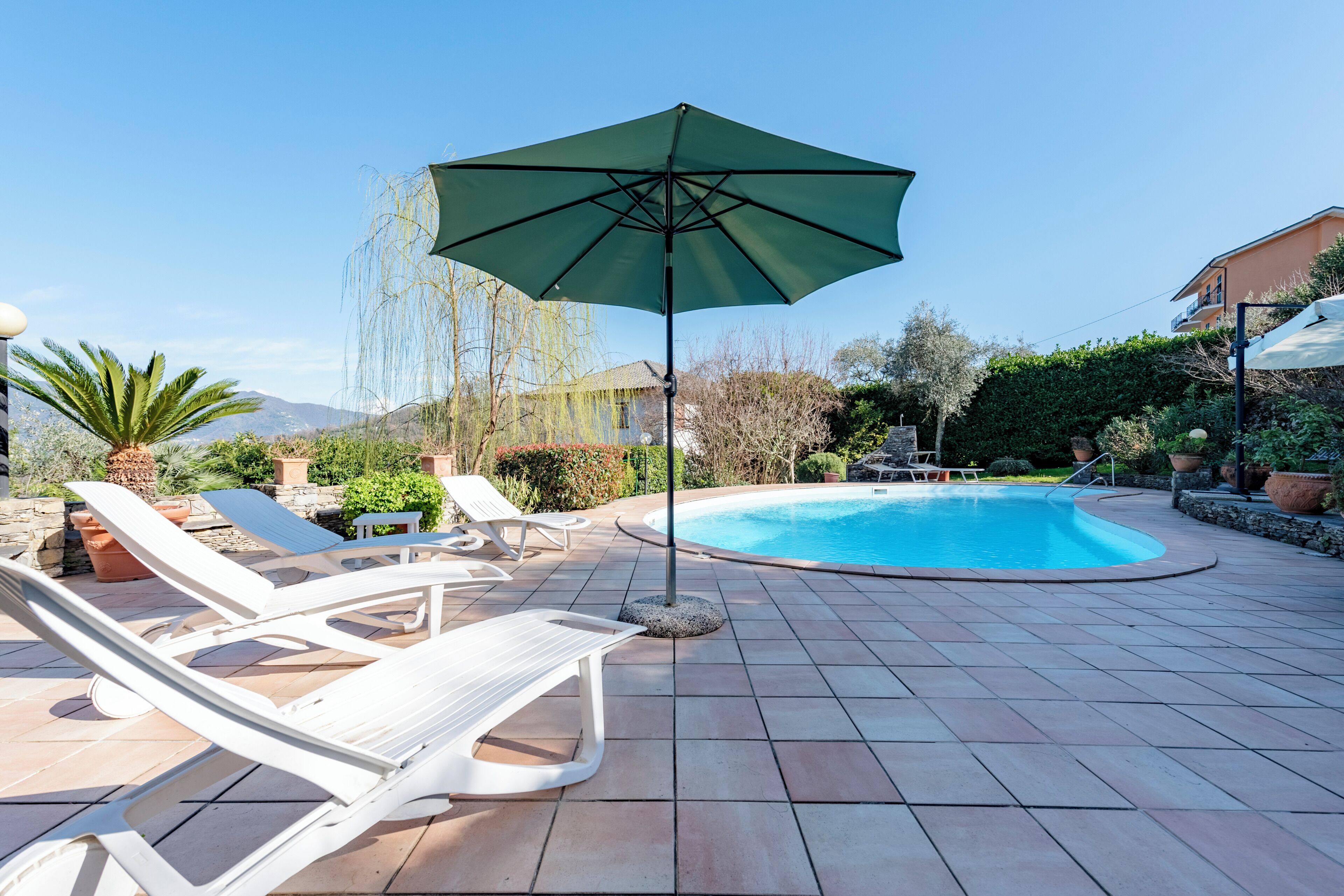 Zona junto a la piscina con sillones de descanso, una sombrilla verde y una piscina.